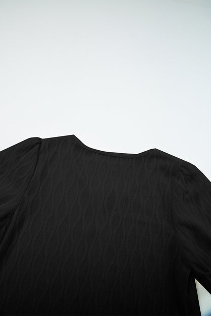 Black Solid Color Textured Notched Neck Puff Sleeve Blouse
