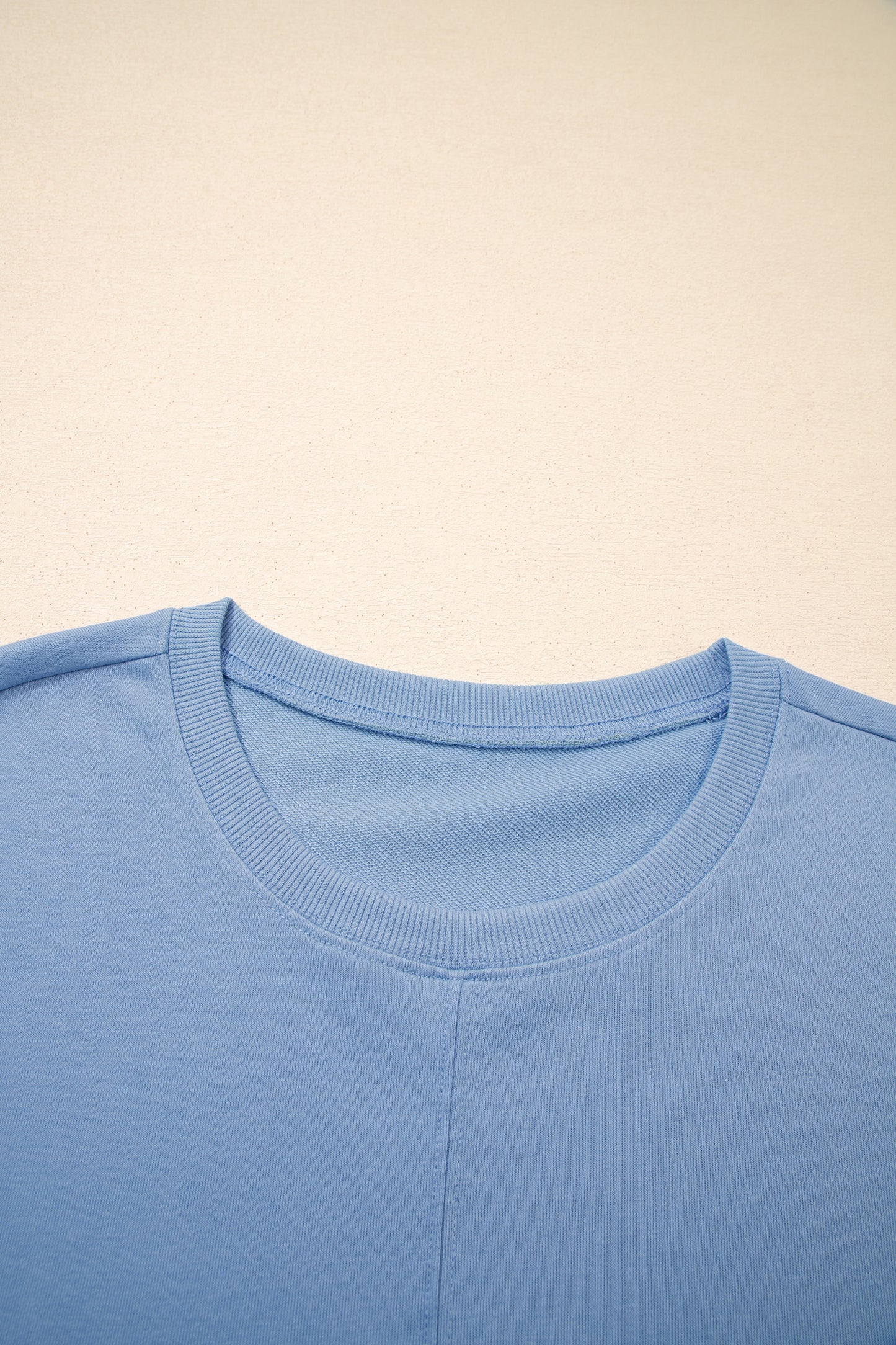 Sky Blue Solid Color Contrast Textured Patchwork Raw Edge 2pcs Short Set