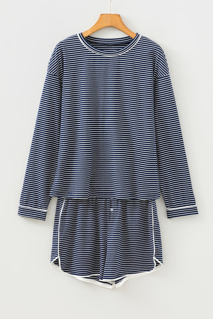 Blue Stripe Drop Shoulder Round Neck Long Sleeve Tee and Buttoned Shorts 2pcs Lounge Set