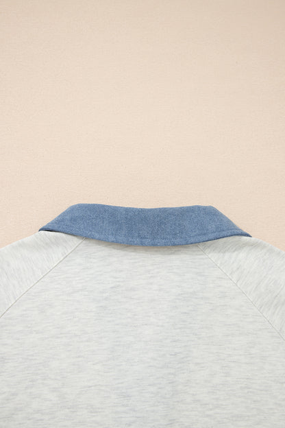 Light Grey Denim Patchwork Buttoned Polo Collar Long Sleeve Top