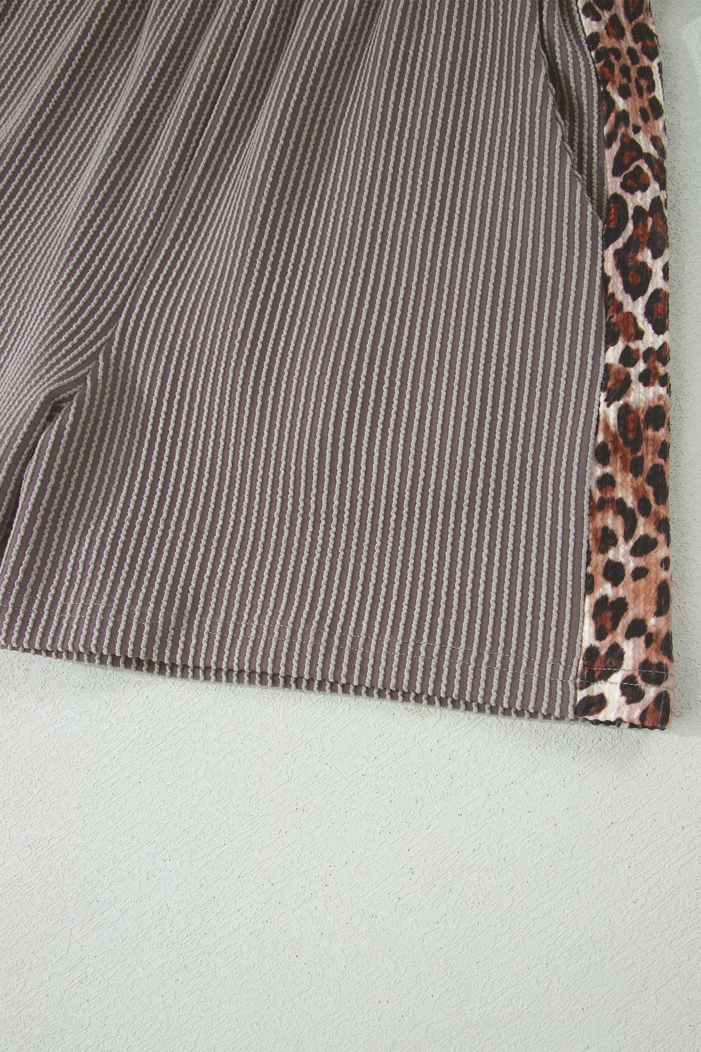 Light Grey Leopard Trim Twist Ribbed Short Set