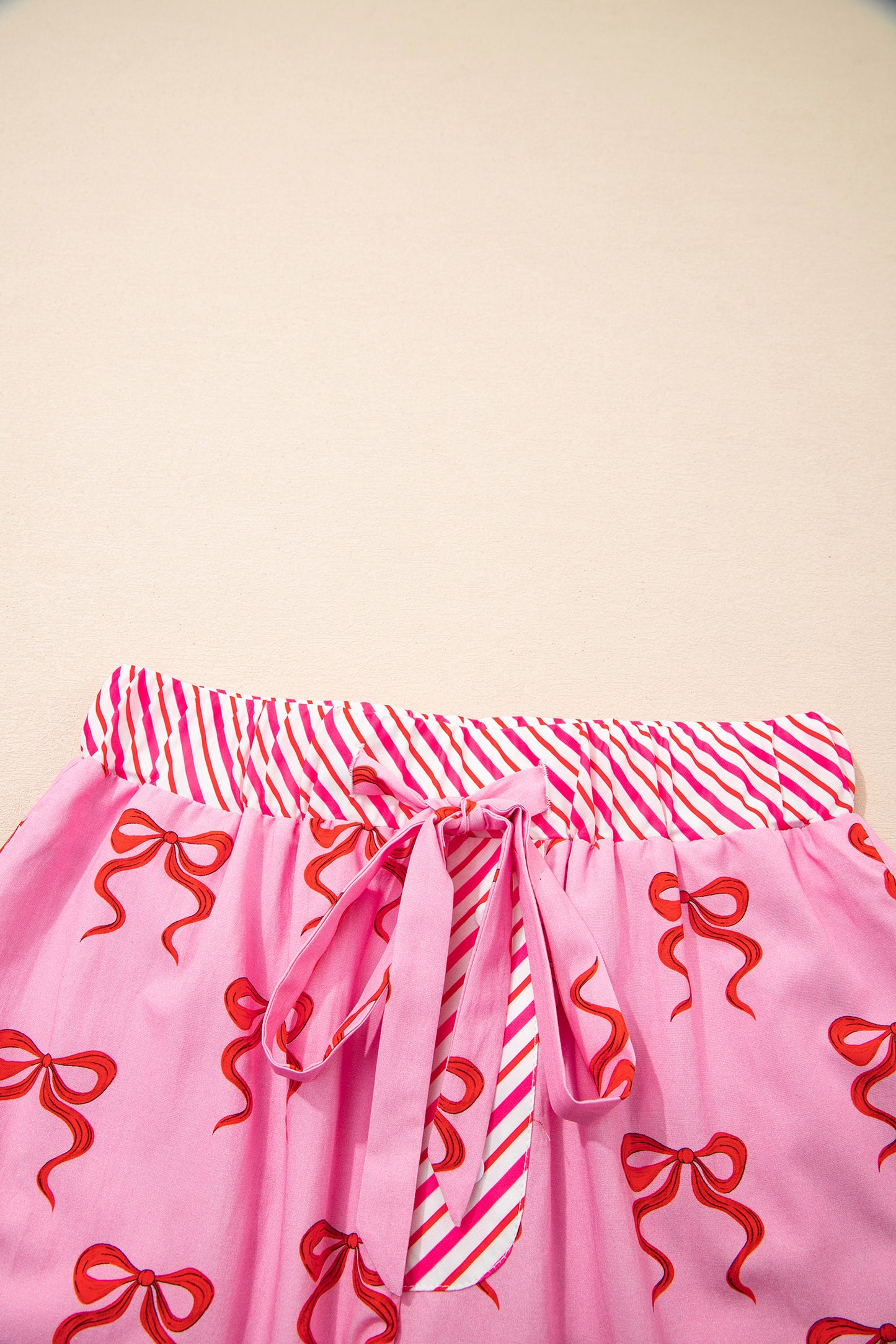 Pink Bow Print Striped Patchwork Elastic Waist Lace Trim Loose Shorts