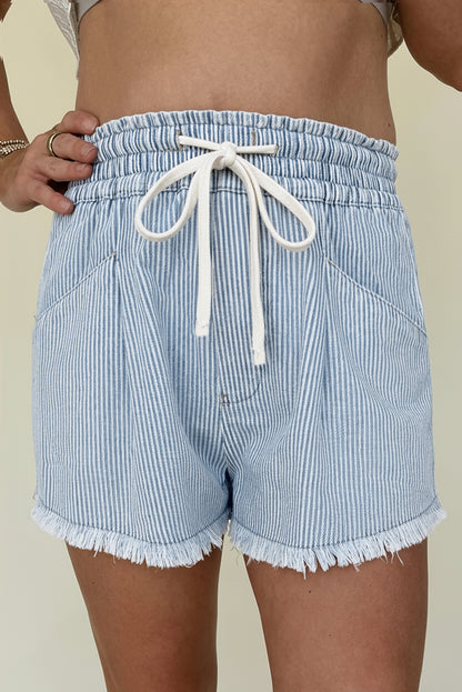 Sky Blue Stripe Raw Edge Drawstring Elastic Waist Casual Denim Shorts
