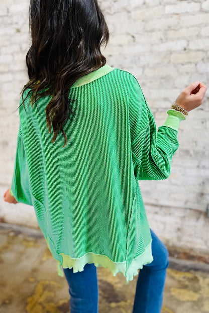 Bright Green Twisted Rib Uneven Hem Drop Shoulder Loose Knit Top