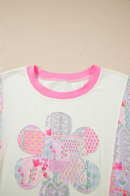 Beige Color Block Floral Patchwork Big Flower Accent Relaxed Top