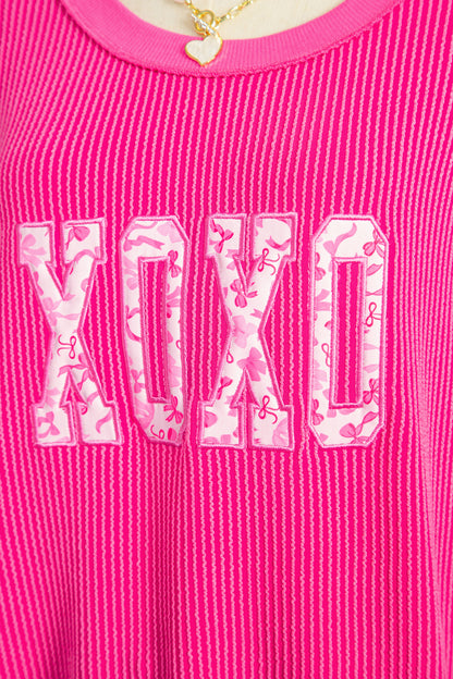 Strawberry Pink Twisted Ribbed Long Sleeve XOXO Bow Print Embroidered Patch Graphic Top