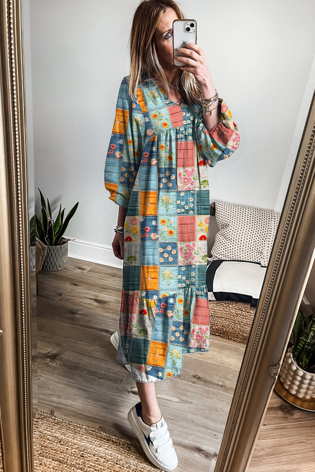 Sky Blue Mix Floral Checkered Pattern Bubble Sleeve Ruffle Hem Dress
