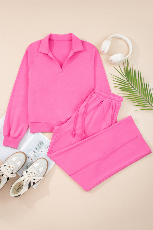 Sachet Pink Solid Color Collared Pullover and Central Seam Pants Set