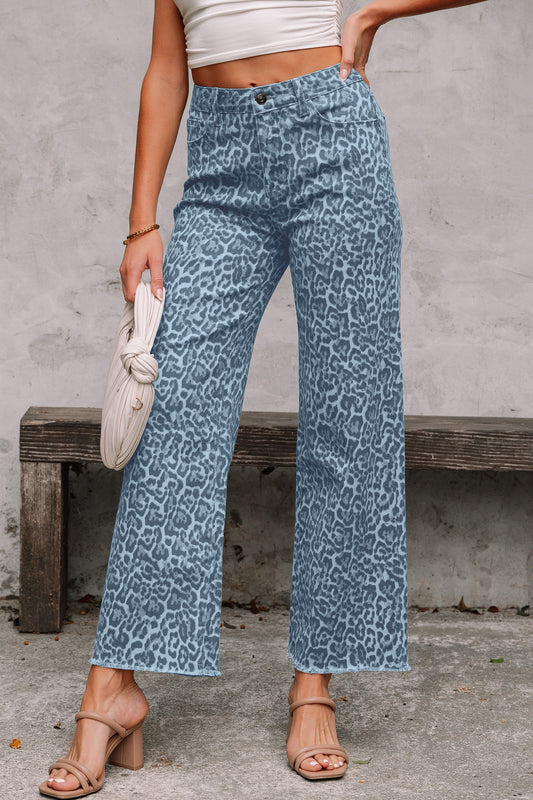 Sky Blue Leopard Frayed Edge Wide Leg High Waist Jeans