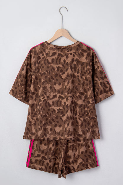 Brown Contrast Striped Accent Leopard Short Set