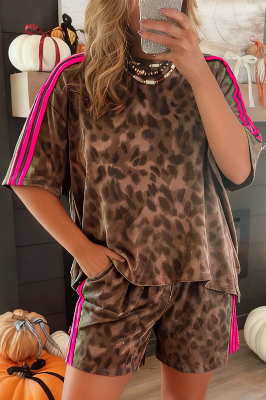 Brown Contrast Striped Accent Leopard Short Set