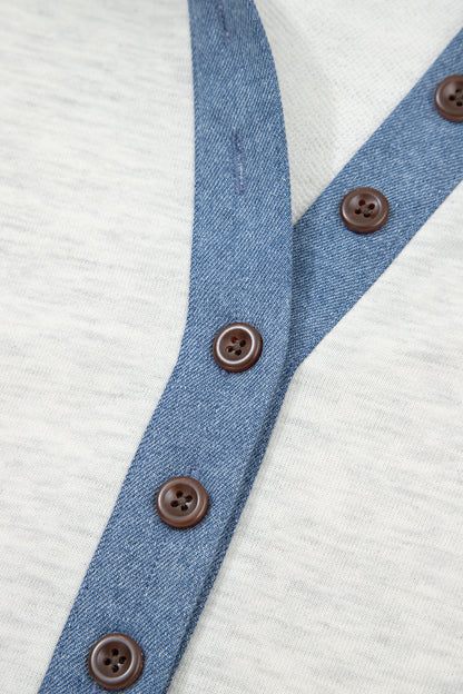 Light Grey Denim Patchwork Buttoned Polo Collar Long Sleeve Top