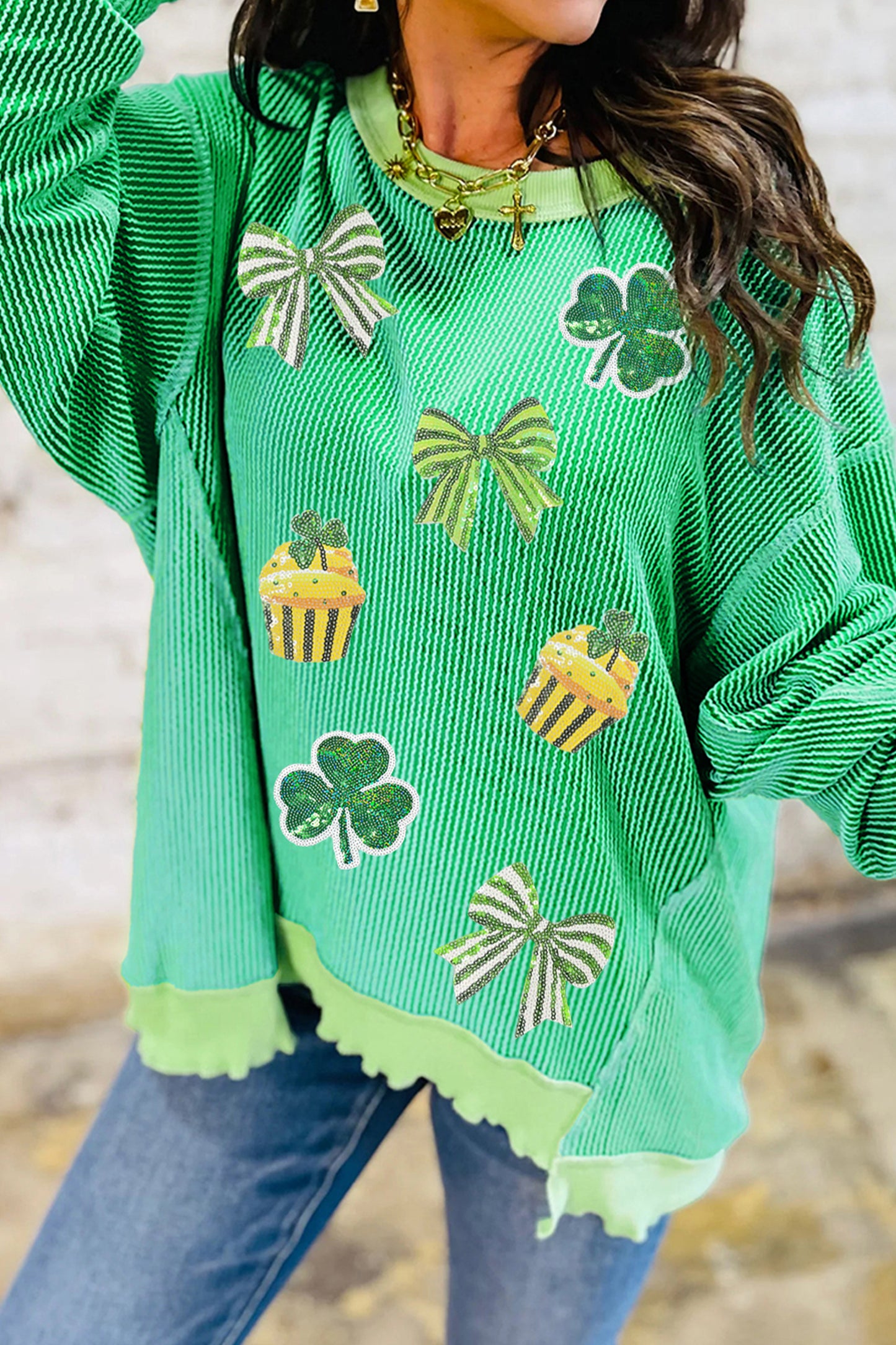 Bright Green Twisted Rib St Patricks Day Sequin Patch Graphic Long Sleeve Top