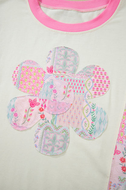 Beige Color Block Floral Patchwork Big Flower Accent Relaxed Top