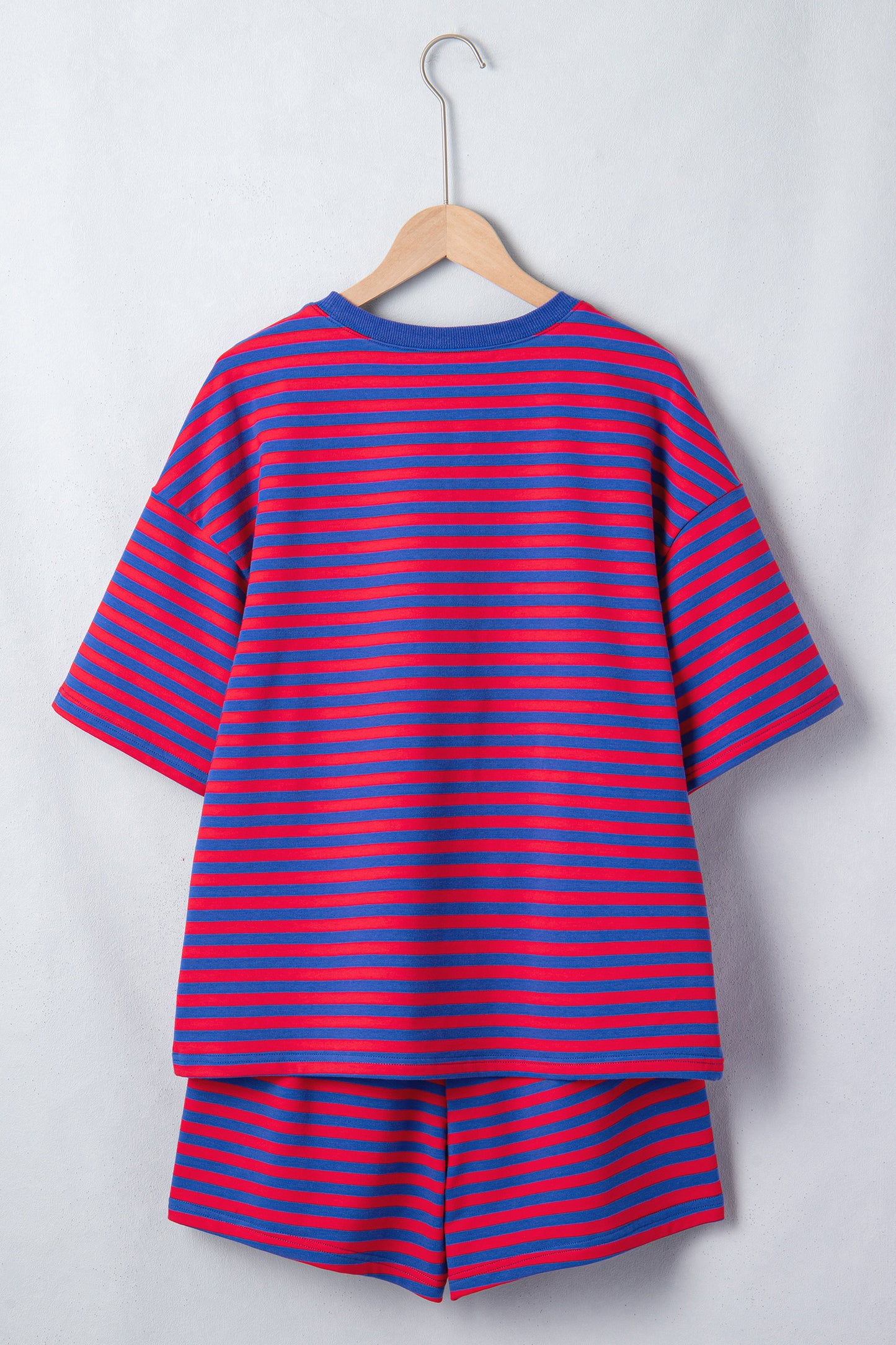 Navy Stripe Striped Ribbed Cotton Two-Piece Short Set with Chest Patch Detail