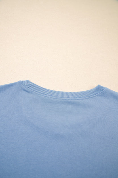 Sky Blue Solid Color Contrast Textured Patchwork Raw Edge 2pcs Short Set