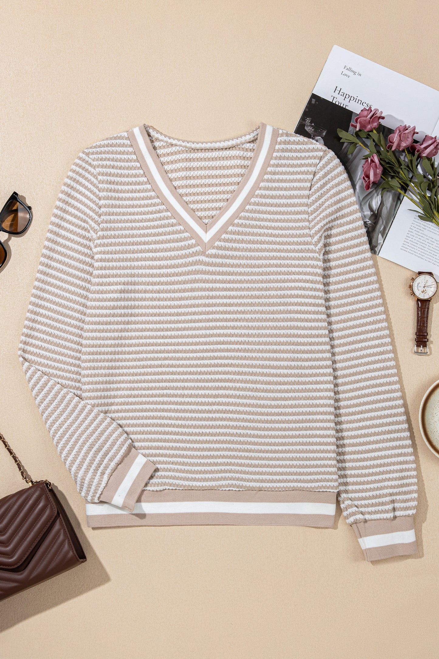 Beige Striped Textured Knit V Neck Casual Top