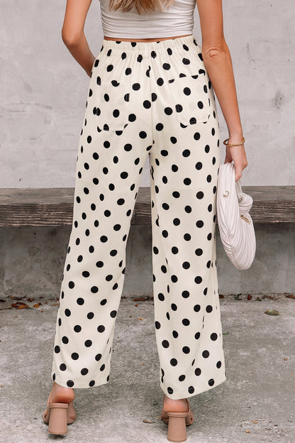 White Polka Dot Print Patched Pocket Loose Pants