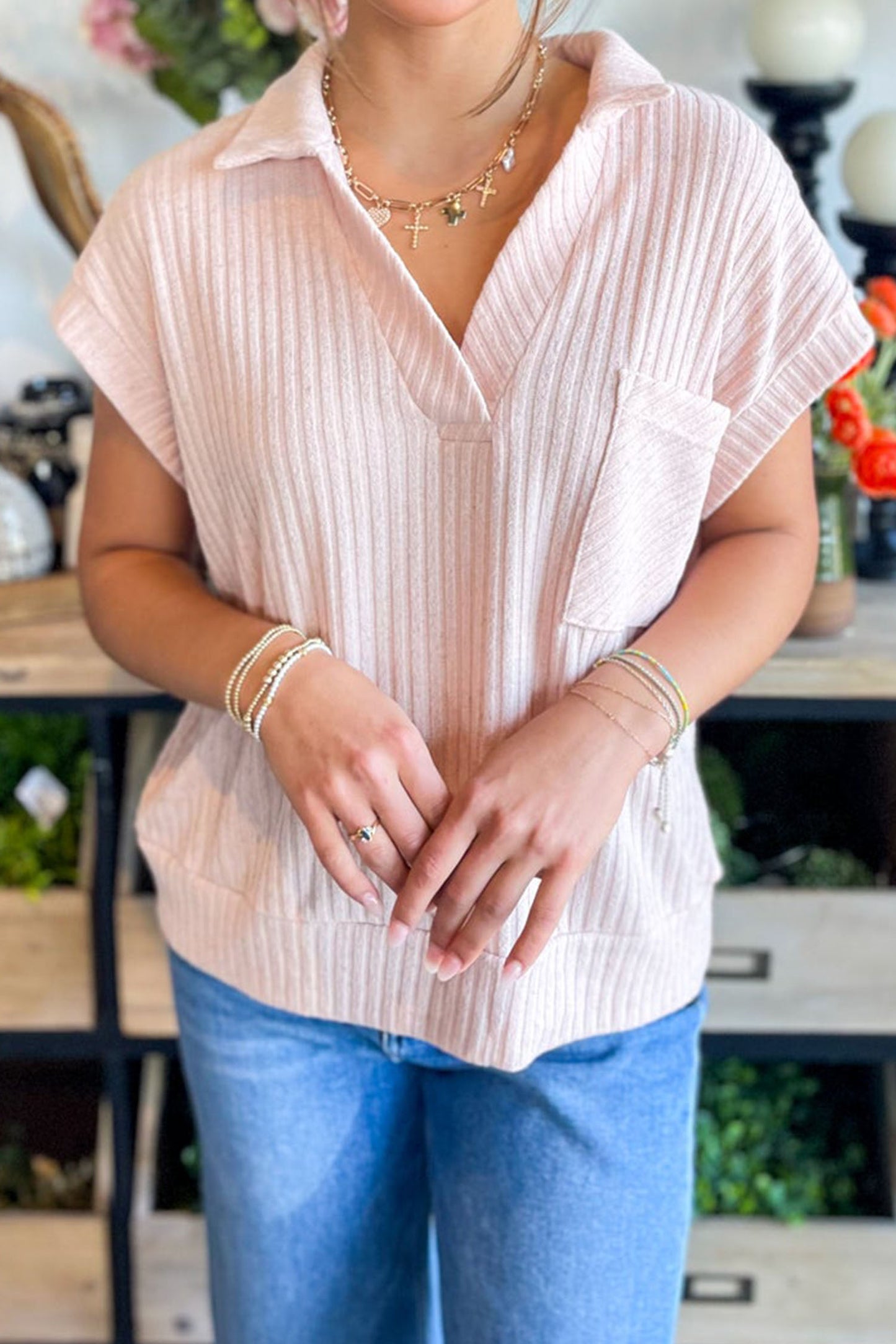 Light Pink Collared V Neck Ribbed Tee