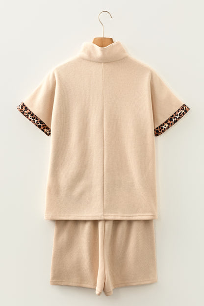 Parchment Leopard Trim Zipped Short Sleeve Casual Set