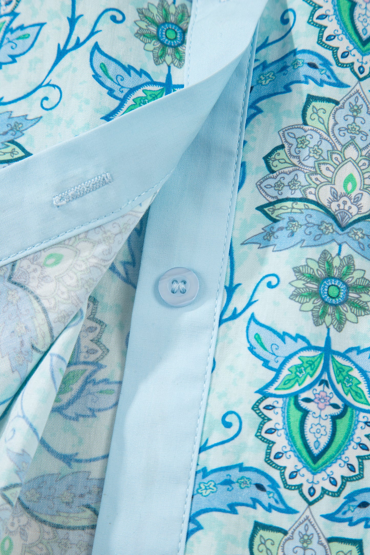 Sky Blue Paisley Print Puff Sleeve Loose Shirt