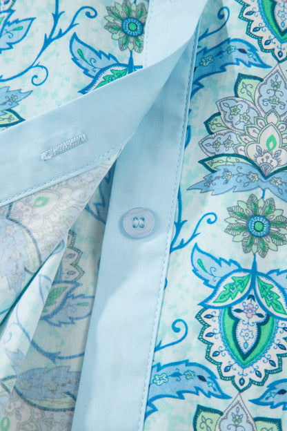 Sky Blue Paisley Print Puff Sleeve Loose Shirt