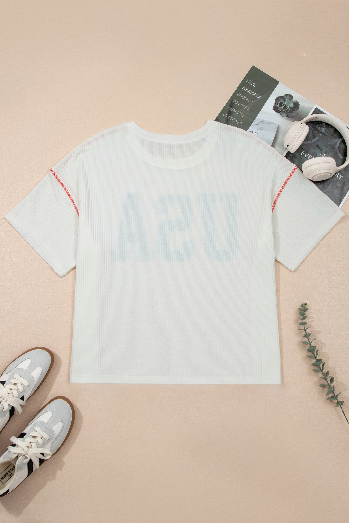 White Plus Size Twisted Rib Vintage USA Letter Printed T Shirt