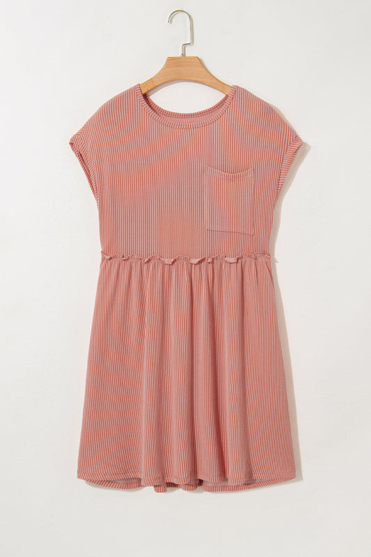Dusty Pink Corded Knit Textured Patched Pocket Frilled Swing Mini Dress with Pockets