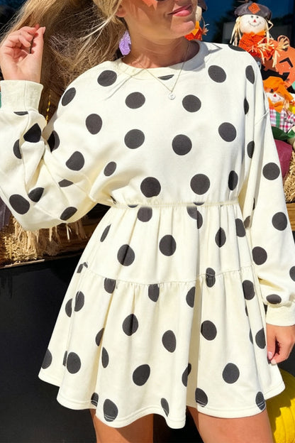 White Polka Dot Printed Long Sleeve Flared Mini Dress