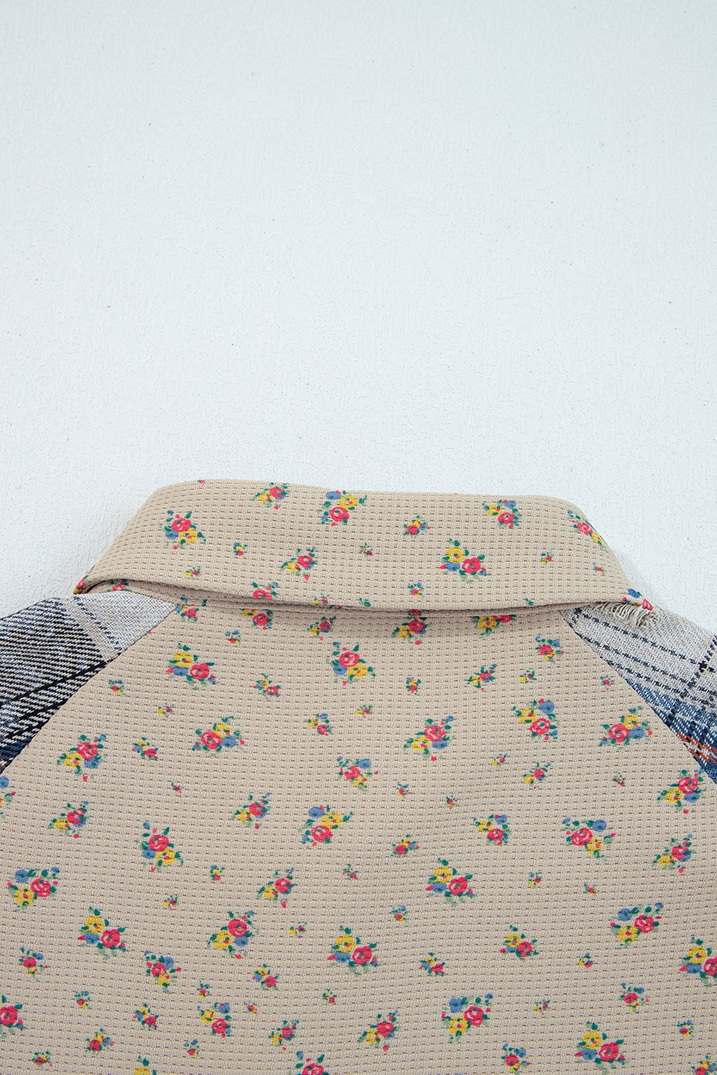 Ashleigh Blue Boho Floral Plaid Patchwork Distressed Detail Ruffled Sleeve Waffle Knit Shacket