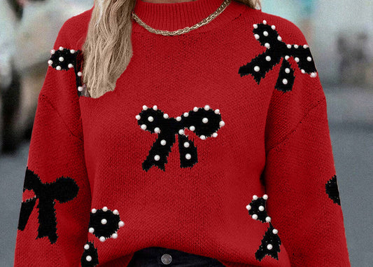 Racing Red Pearl Embellished Bow Pattern Loose Sweater