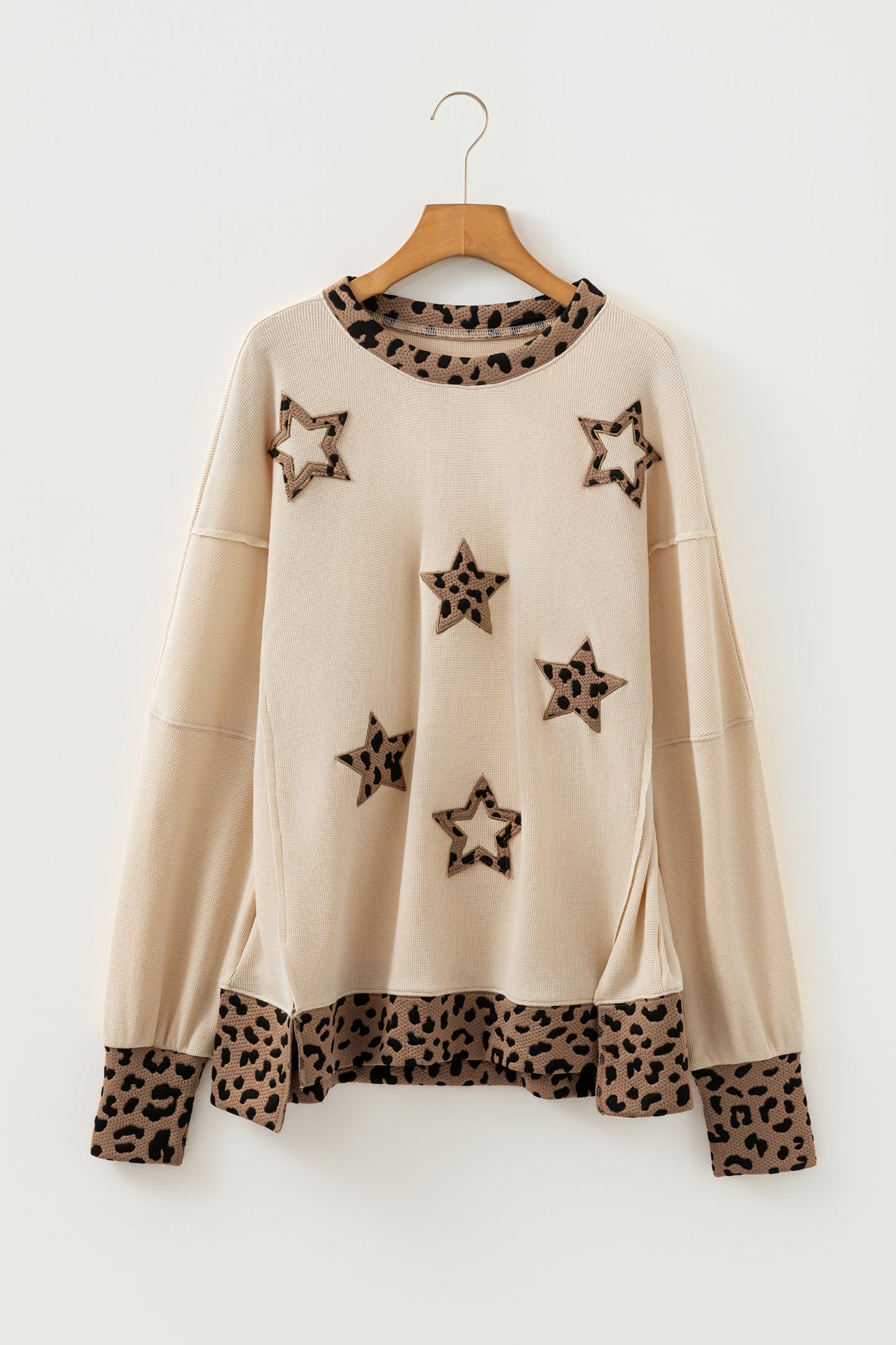 Beige Contrast Leopard Star Patchwork Detail Raw Seam Baggy Sweatshirt