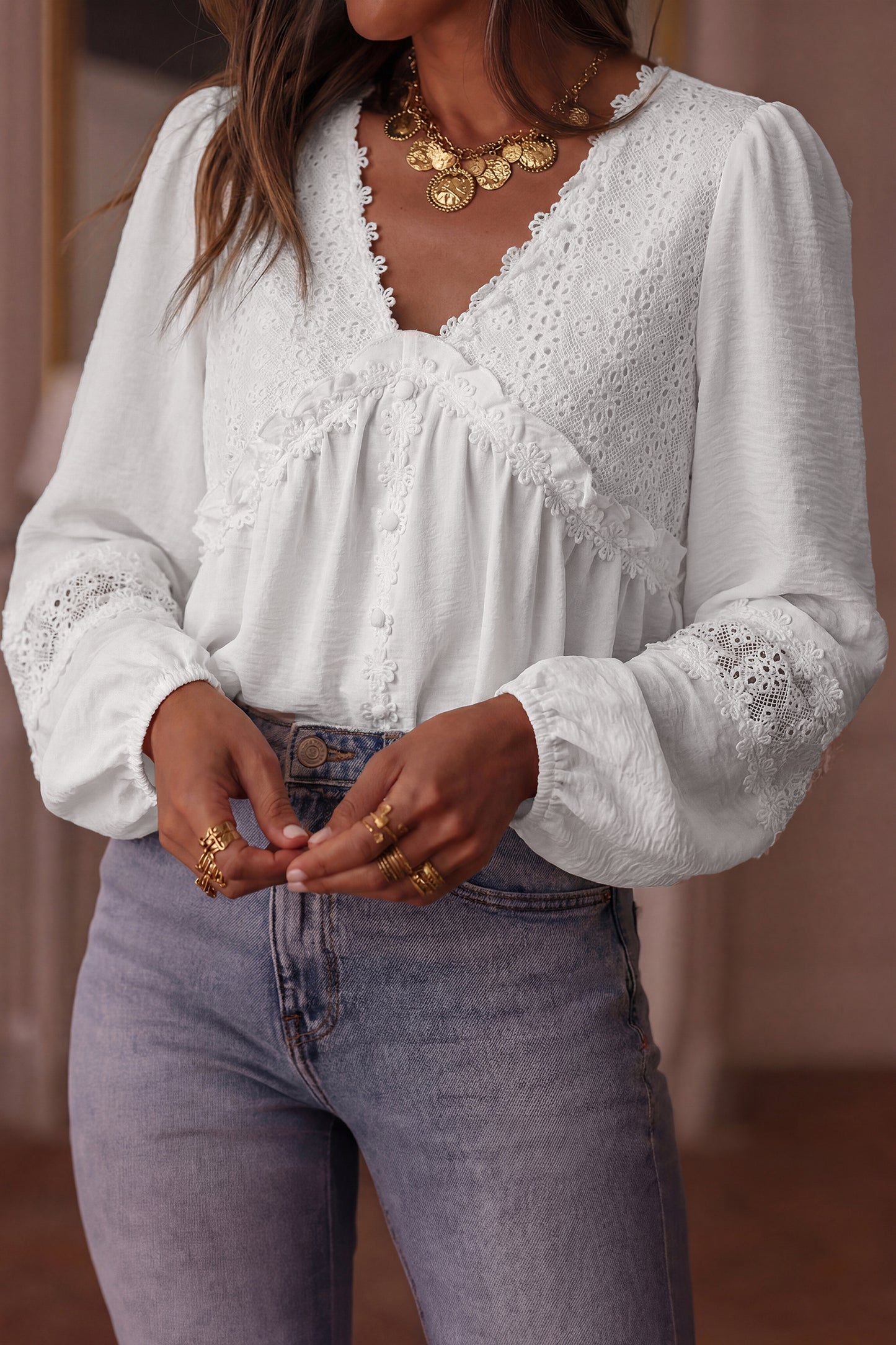 White Solid Color Floral Guipure Lace Patchwork Frilled Long Sleeve Blouse