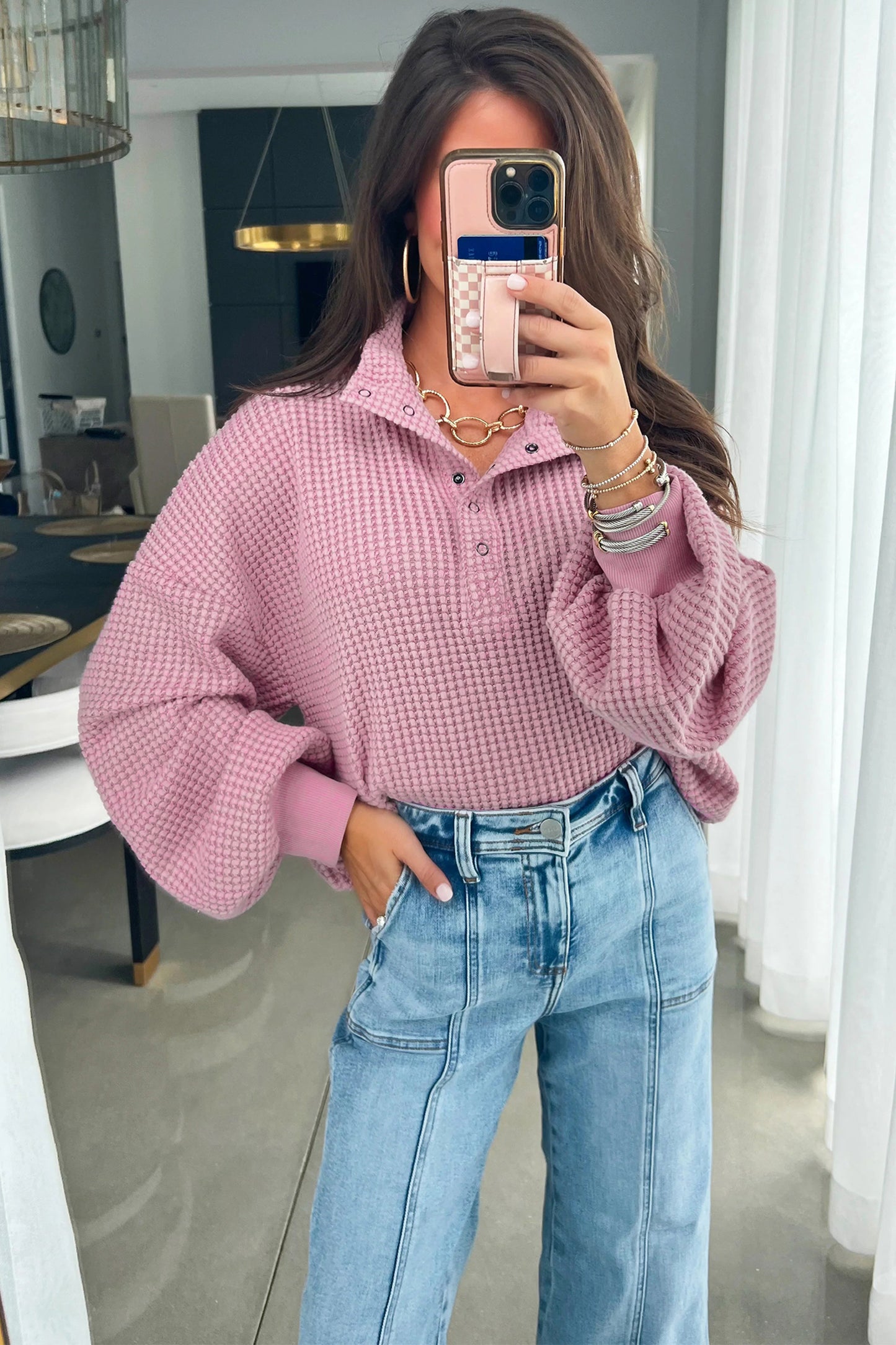 Light Pink Solid Color Textured Snap Button Collared Baggy Top