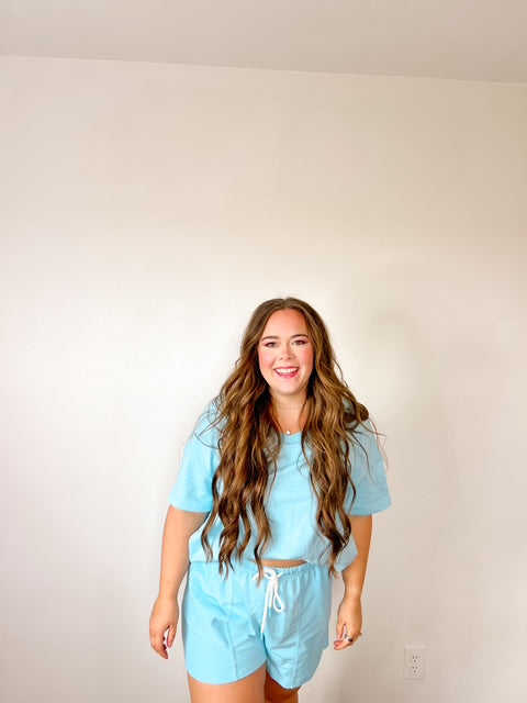 Myosotis V Neck Drop Shoulder Tee and Patchwork Drawstring Shorts Set