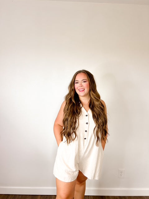 Beige Sleeveless V Neck Buttoned Front Chest Pocket Romper