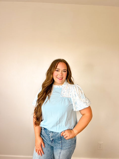 Beau Blue Lace Insert Floral Puff Sleeve Patchwork Loose Blouse