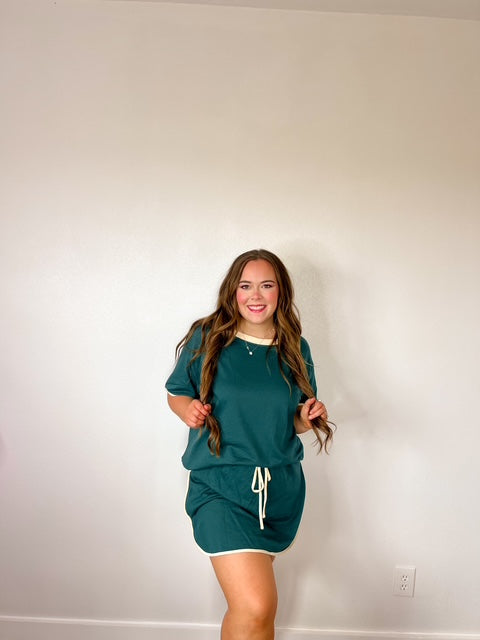 Evergreen Colorblock Edge Drop Shoulder T Shirt and Skort 2Pcs Set