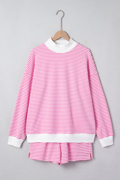 Pink Stripe Oversize Mock Neck Sweatshirt and Shorts Set