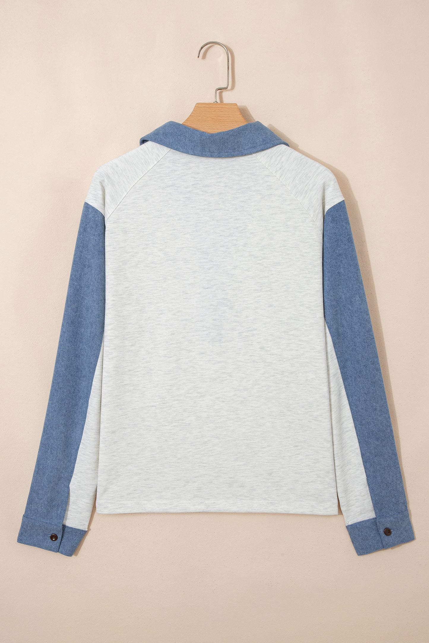 Light Grey Denim Patchwork Buttoned Polo Collar Long Sleeve Top
