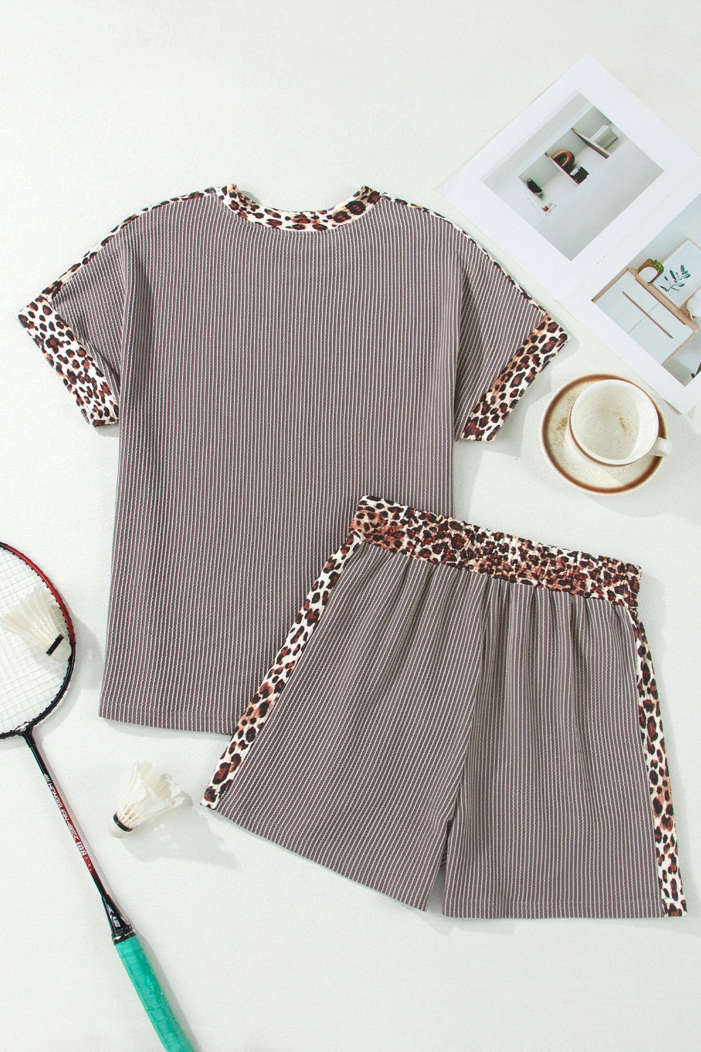 Light Grey Leopard Trim Twist Ribbed Short Set