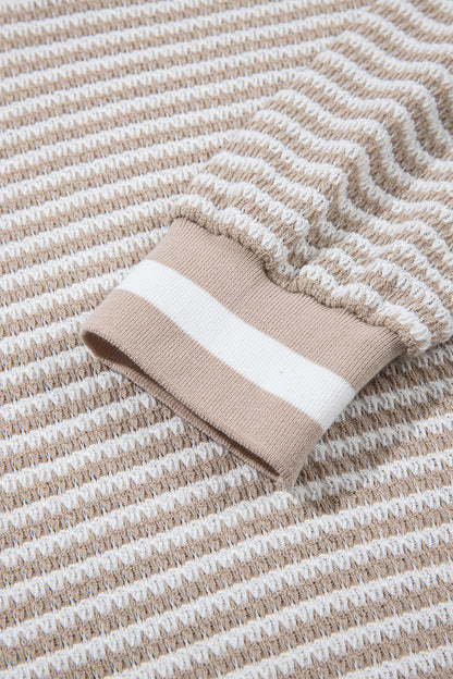 Beige Striped Textured Knit V Neck Casual Top