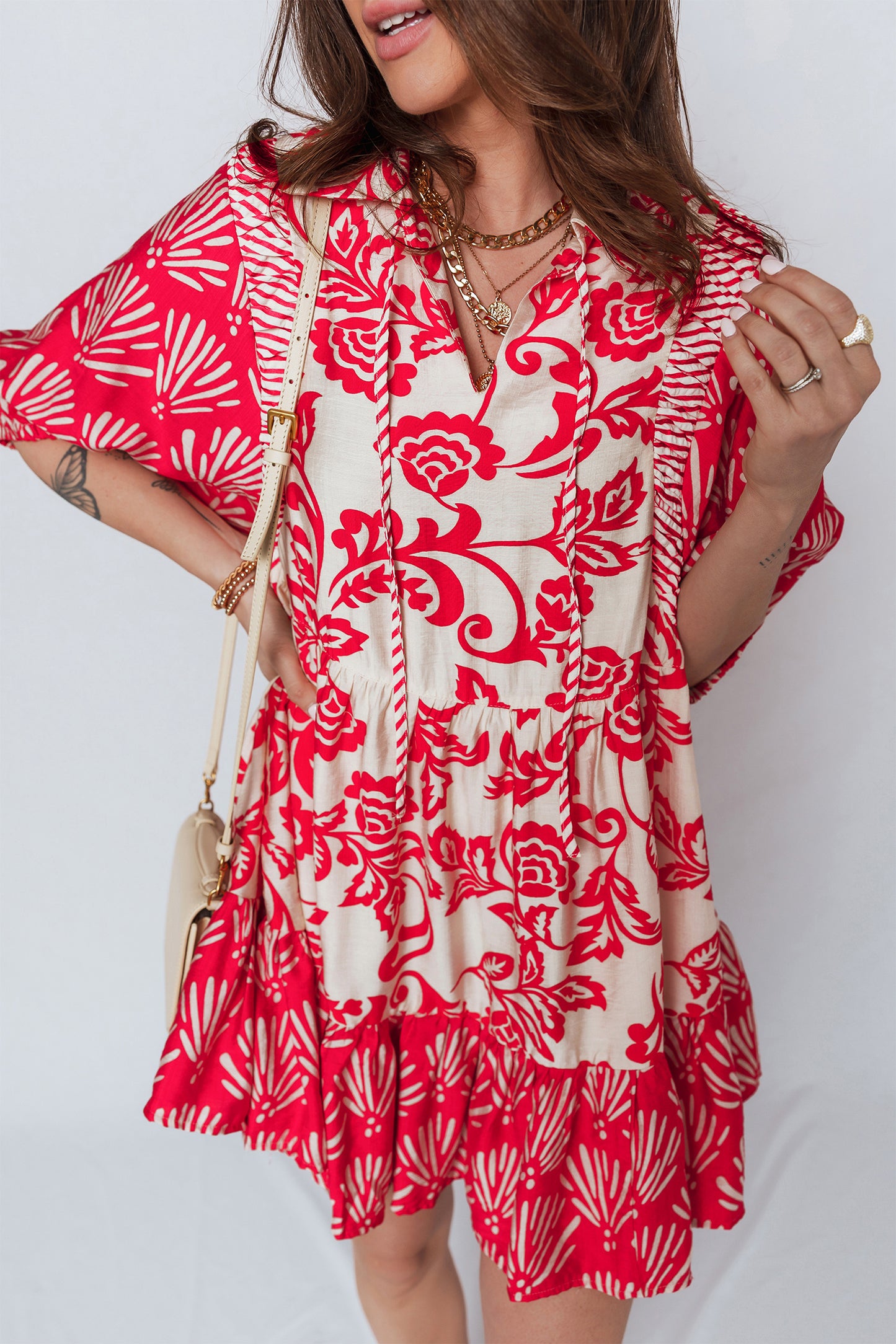 Red Collared V Neck Half Sleeve Loose Flower Mini Dress
