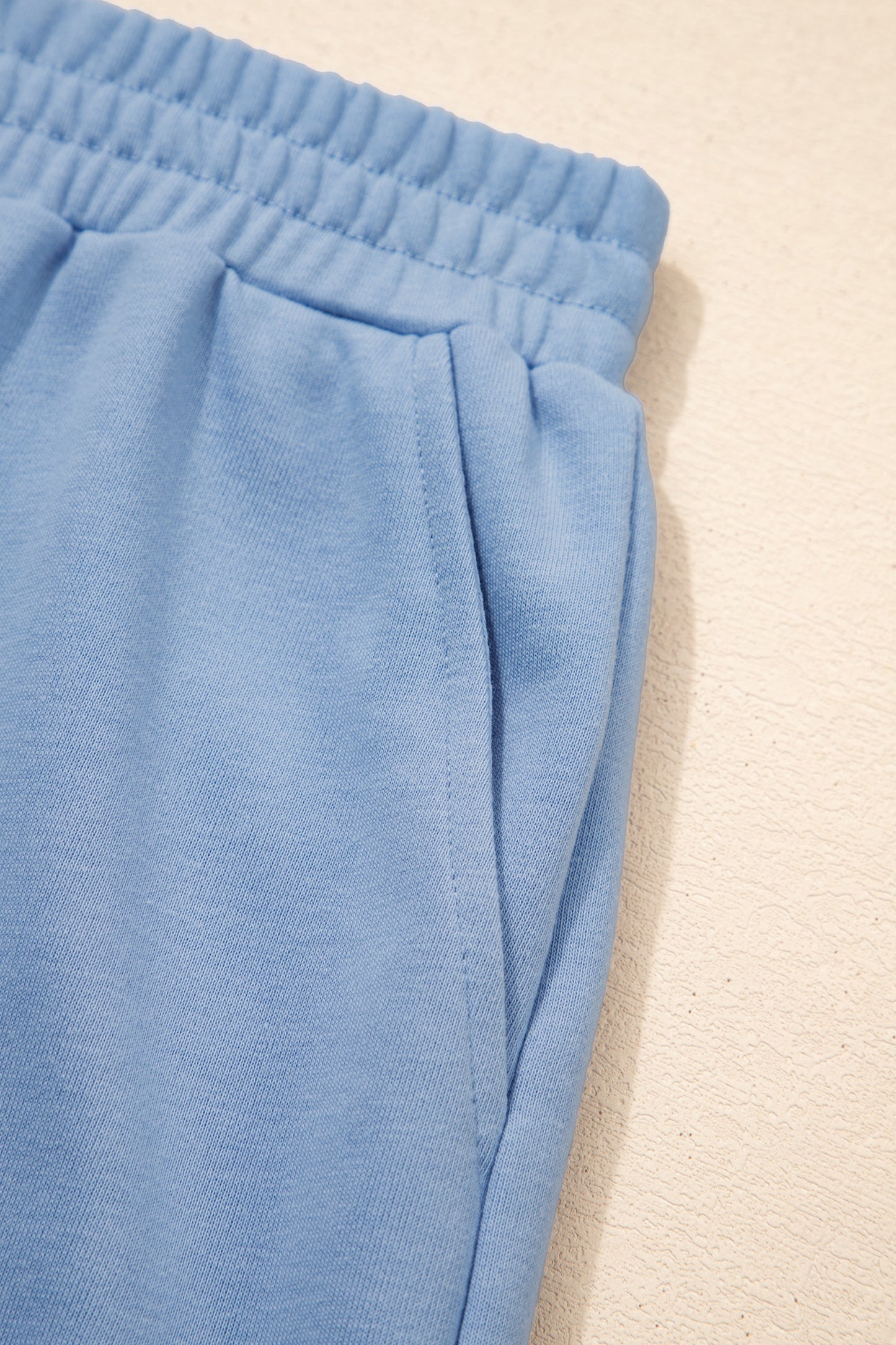 Sky Blue Solid Color Contrast Textured Patchwork Raw Edge 2pcs Short Set