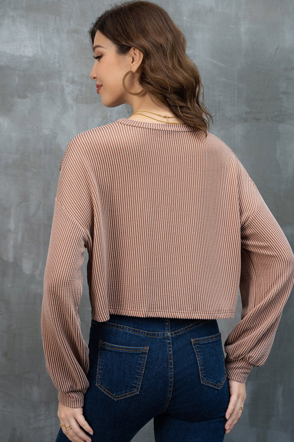 Khaki Game Day Graphic Crop Rugby Football Corded Knit Top