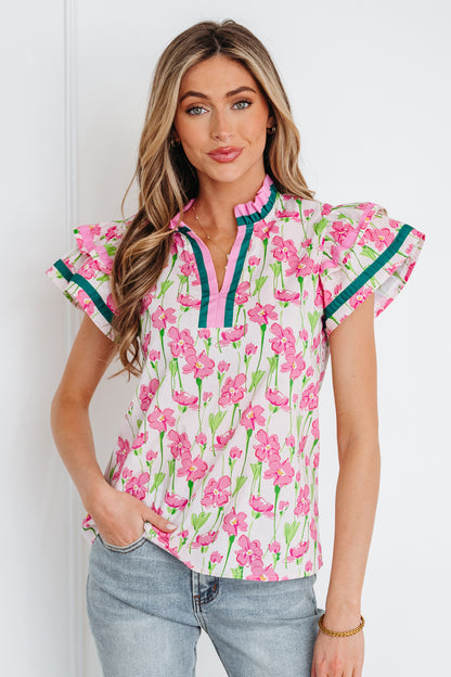Pink Floral Print Contrast Trim V Neck Double Ruffled Short Sleeve Blouse