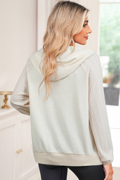 Beige Solid Color Textured Sleeve Patchwork Half Zip Hoodie