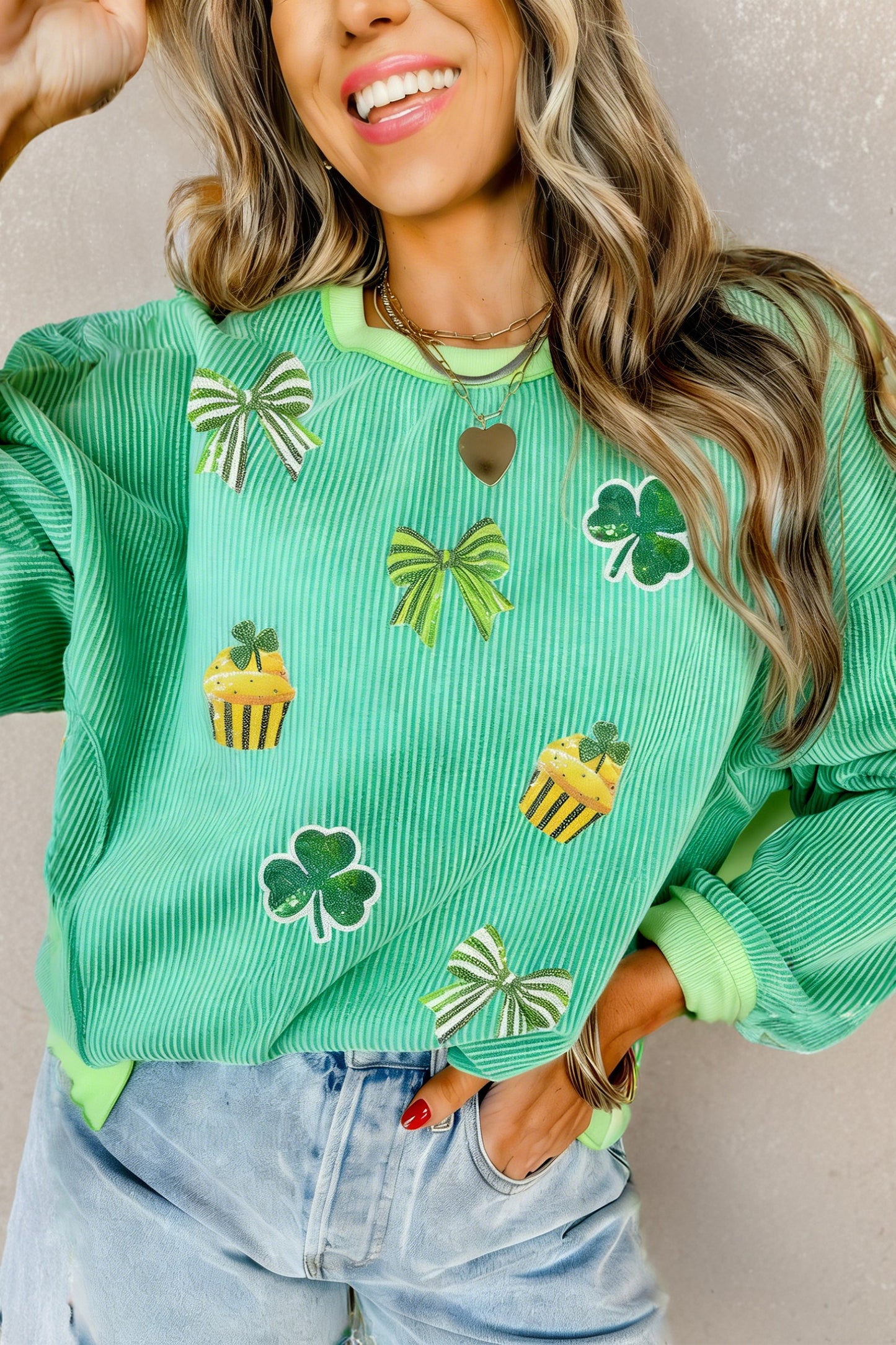 Bright Green Twisted Rib St Patricks Day Sequin Patch Graphic Long Sleeve Top