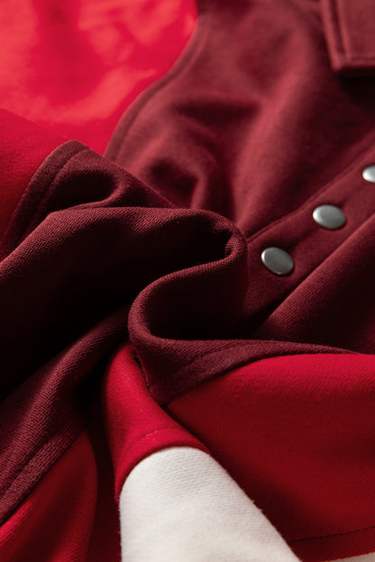 Fiery Red Color Block Patchwork Snap Button Polo Sweatshirt