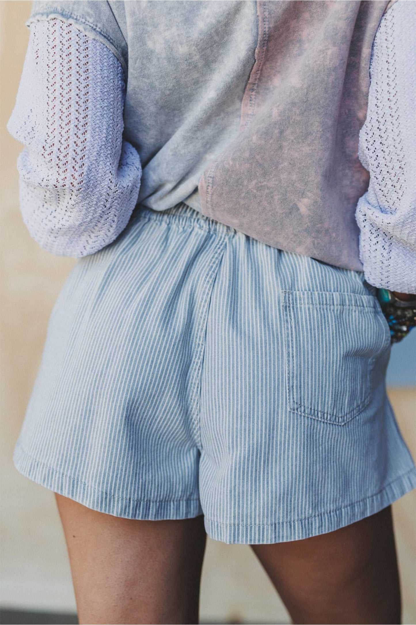 Sky Blue Stripe Drawstring Elastic Waist Casual Denim Shorts